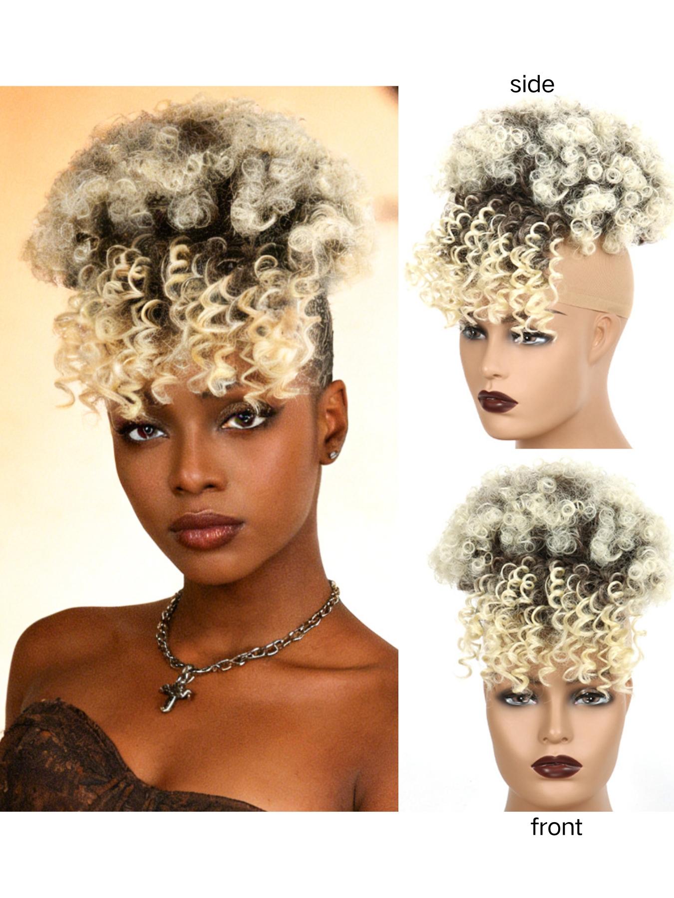 Women Drawstring Hair Bag, African Loose Curl Ponytail Extension, Bangs Flower Braid Style, High Crown Heat Resistant Fiber Wig Piece