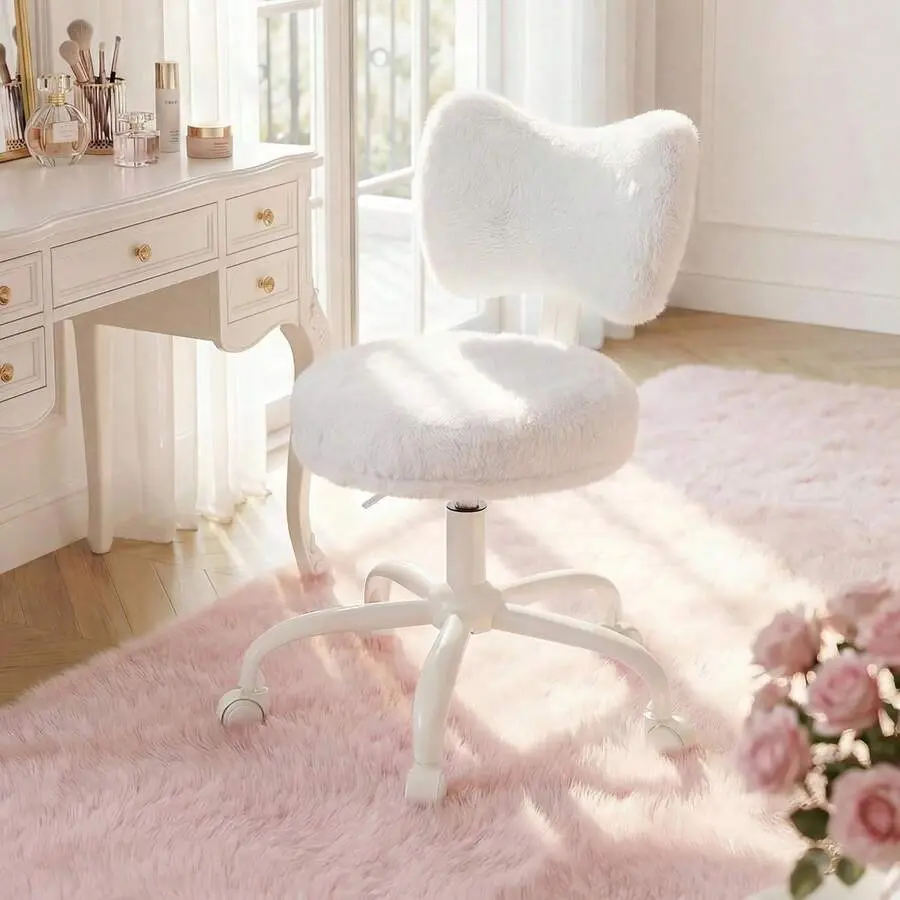 Vanity Chair With Back, Swivel Chair With Wheels & Adjustable Height, Fluffy Faux Rabbit Fur Comfy Desk Chair For Vanity, Make-Up Room, Bedroom, Dorm, Cute Bow Backrest,White