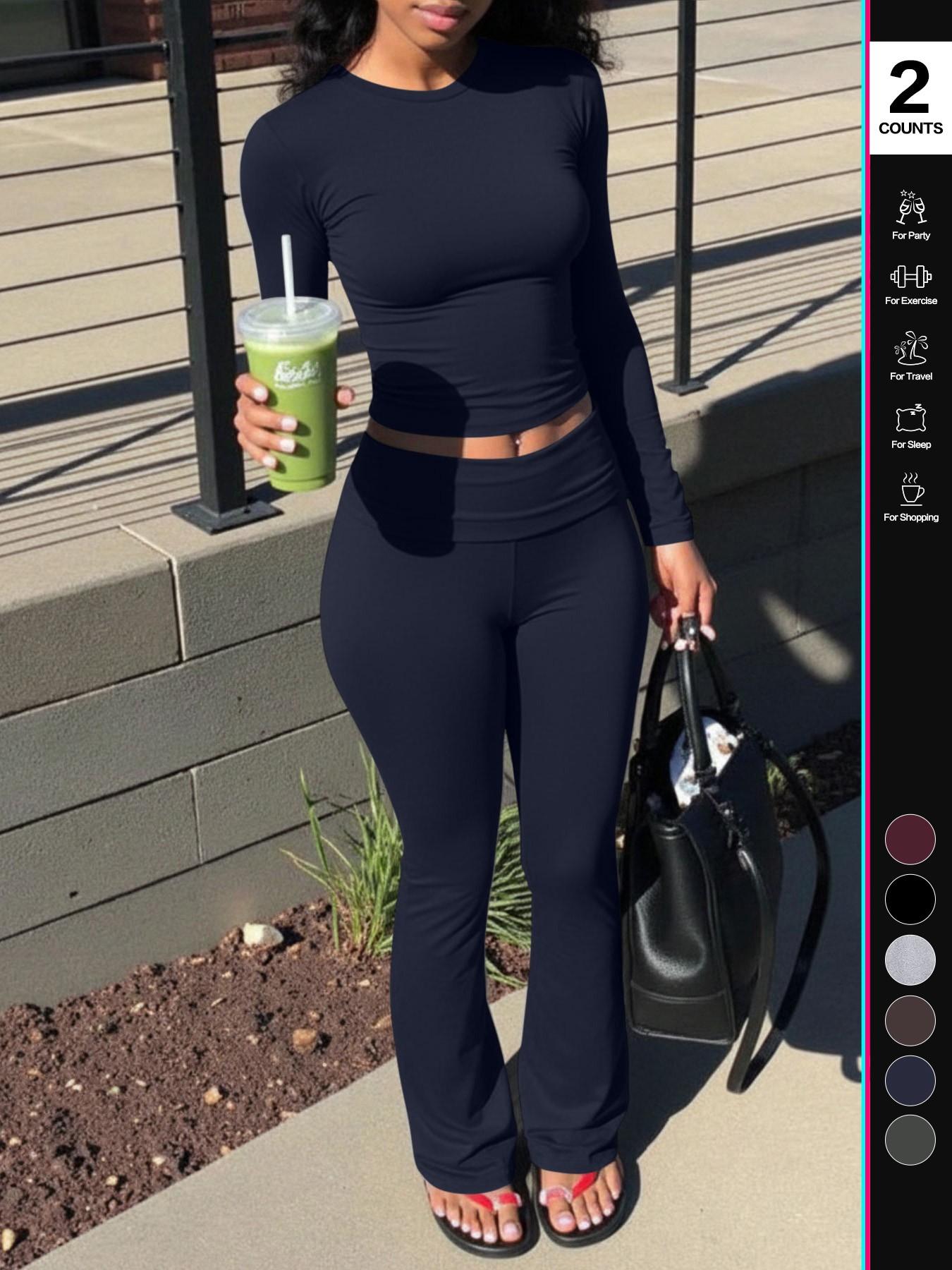 Women's 2 Piece, Foldover Flare Pants & Long Sleeve Crew Neck T-Shirt, Fitted Pajama Sets, Casual Comfortable Sleepwear