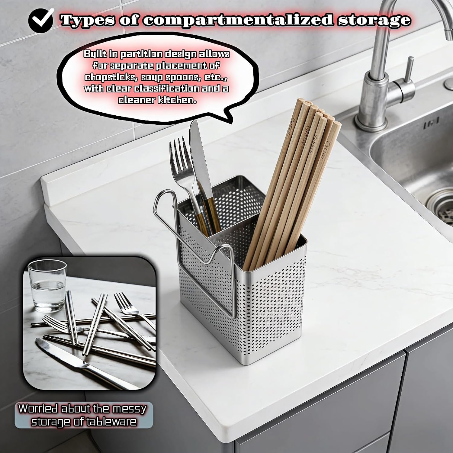 Stainless Steel Utensil Holder for Kitchen Counter, 2 Compartment Cutlery Organizer with Hooks, Dishwasher Safe Flatware Drying  for Sink & Dish Rack (Brushed Finish)