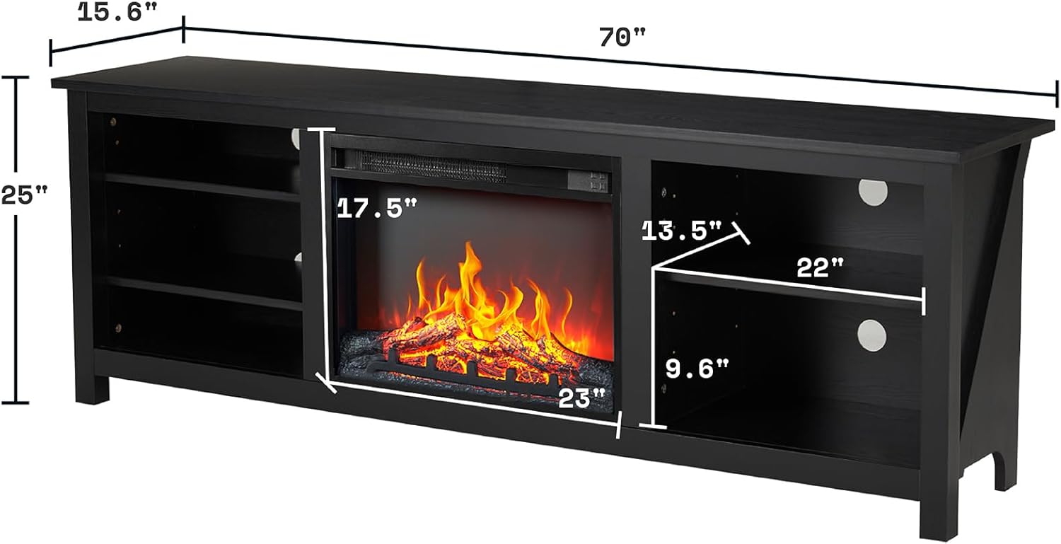 VanAcc Fireplace TV Stand, Wood Texture Entertainment Center with 23'' Electric Fireplace, Farmhouse Entertainment Stand Media TV Console for TVs Up to 80'', 70 inches, Black