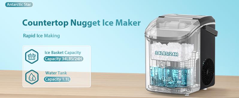 Antarctic Star Nugget Countertop Ice Maker with Soft Chewable Pellet Ice, Pebble Portable Ice Machine, 34lbs Per Day, Self-Cleaning, Sonic Ice, One-Click Operation, for Kitchen,Office Stainless，Steel&Black，Modern Utensils