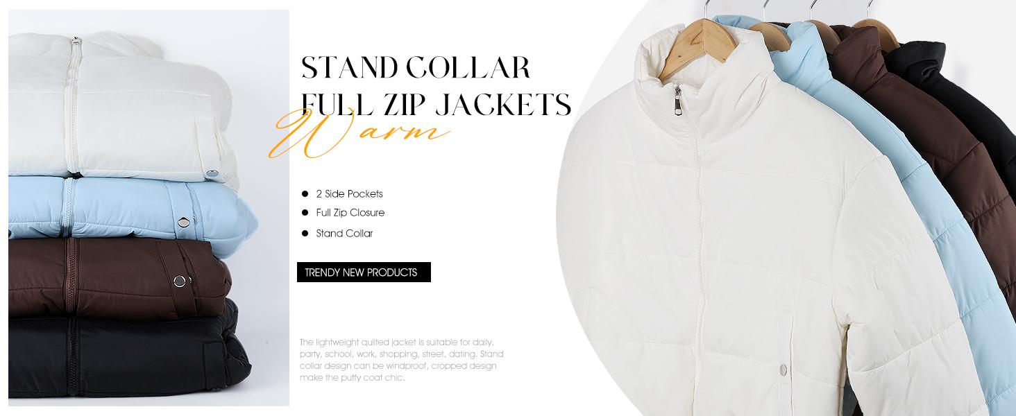 SHEEN Women's Winter Cropped Puffer Jacket Warm Full Zip Quilted Jacket Long Sleeve Padded Coats Stand Collar Outerwear