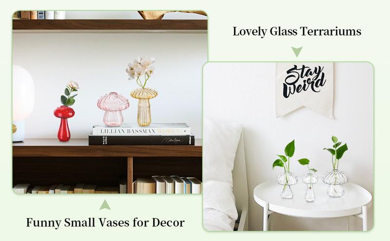 Mushroom Propagation Vase, Colored Flower Vases Decorative Set of 5 Unique Small Glass Vases for Flowers,Aesthetic Mini Cute Vase Decor, Vase for Bedroom Bathroom Kitchen,Christmas gifts