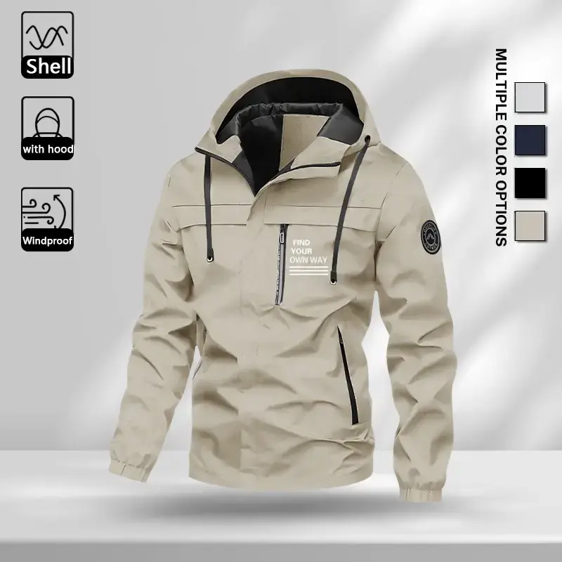 Multi Color Mens Solid Hooded Windproof Zip Coat, Chest Text Print Sleeve Circular Patch Badge, Light Breathable Fabric Jacket for Teen & Adult Outdoor Sports Activities