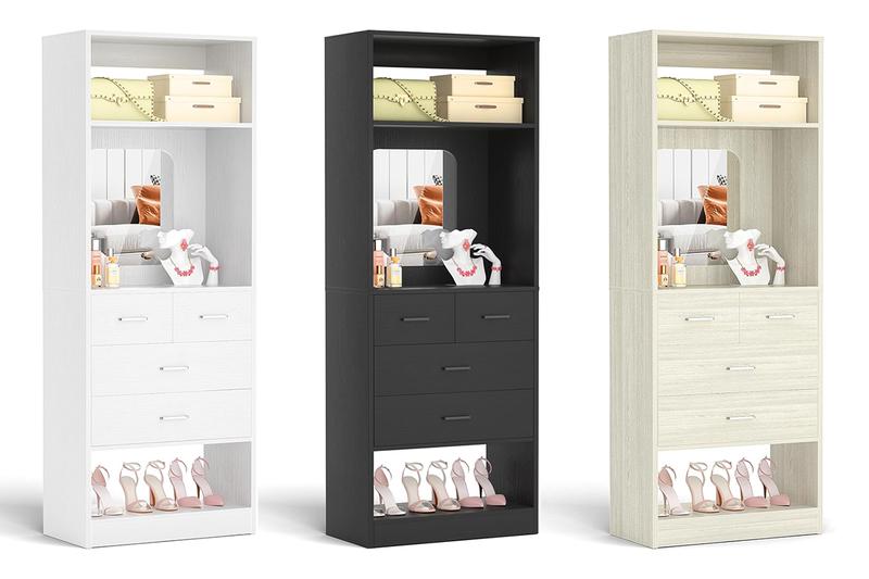 Cyclysio 75” Closet System with Shoe Rack and Hanging Rods, Modern Walk-in Closet Organization Wardrobe with Wooden Drawers and Mirror and Shelves