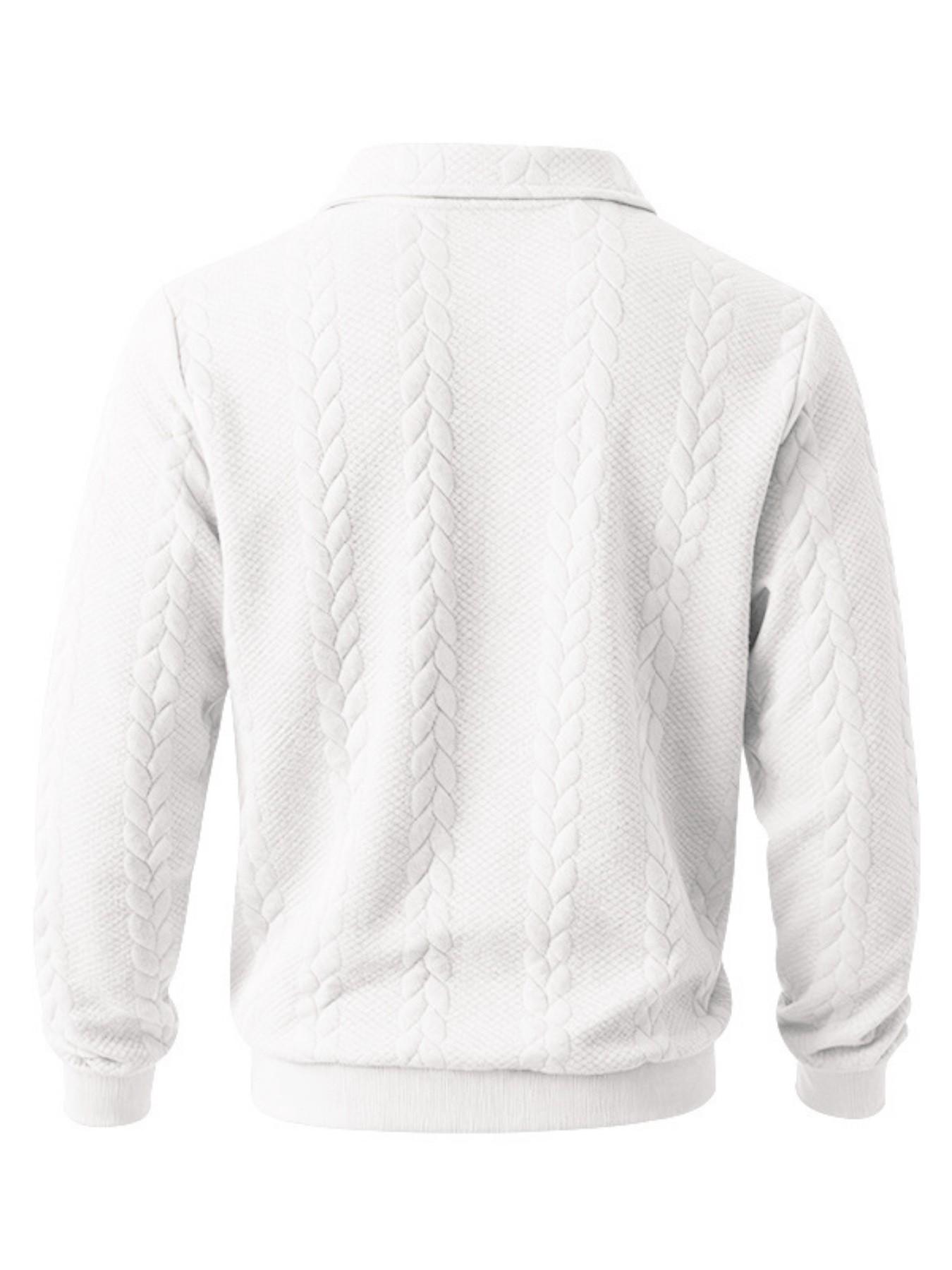 Men's Cable Knit Quarter Zip Polo Sweatshirt, Leather Label Long Sleeve, Casual Pullover, Soft Knit Jumper for Business Casual