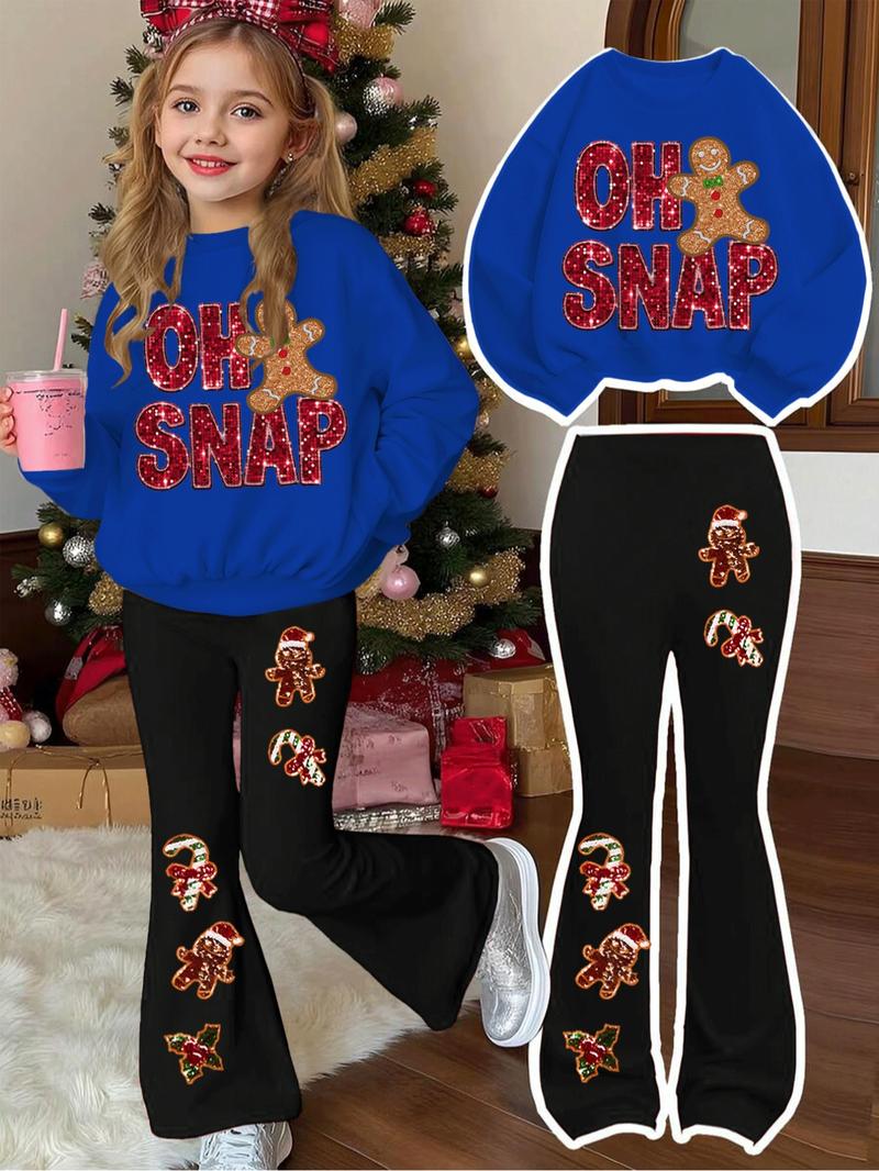 Girls' Christmas Fitted Set, Letter Print Round Neck Sweater & Snowman Pattern Bell Bottoms, Casual Fall Winter, Fashion Clothes Set