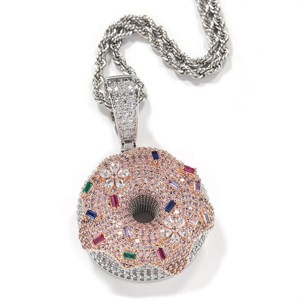 Loveden Hip Hop Iced Out Colorful Donut Pendant Necklace, Full Micro Pave Cubic Zirconia Donut Charm, Trendy Brand Quirky Streetwear Jewelry, Unique Fun Fashion Accessory, Unisex Statement Ornament for Men Women, Ideal for Daily Outfits, Club Party & Casu