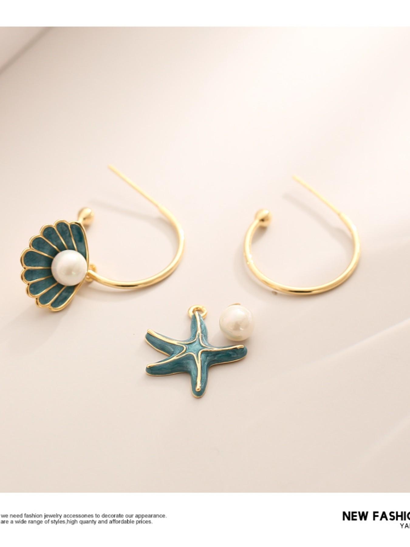 Asymmetrical Shell & Starfish Pearl Earrings for Women – Lightweight Ocean Style Drop Earrings Pearl Embellished High Quality Earrings