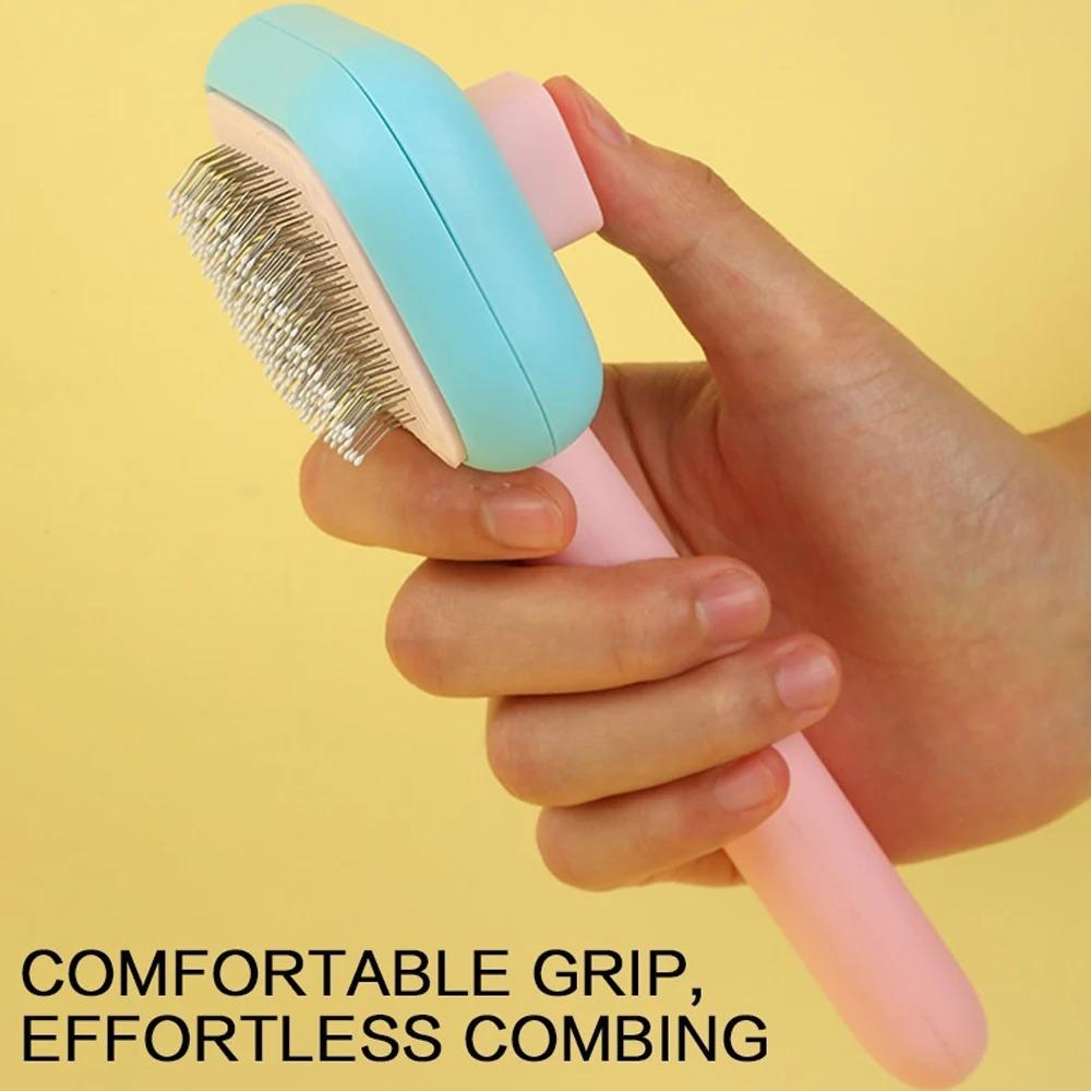 Self Cleaning Pet Grooming Brush, Stainless Steel Massage Deshedding Tool, Tangle Free Slicker Brush for Dogs Cats, One Click Hair Remover, Ergonomic Grooming Brush for Long Short Fur