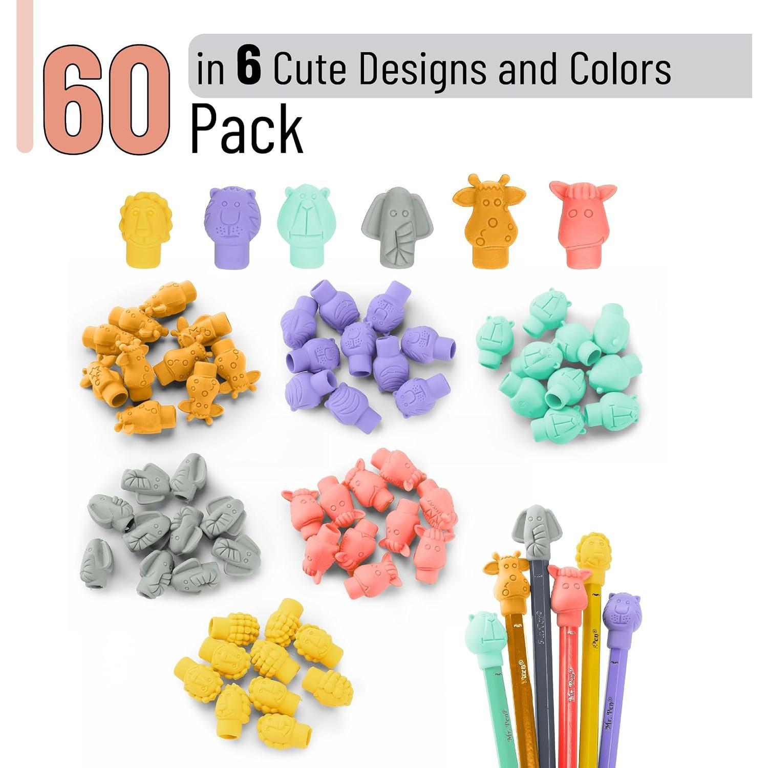 Cap Erasers for Standard Pencils, 60-Pack with 6 Styles, Colorful Cute Designs, Latex-Free, Ideal for Students & Teachers