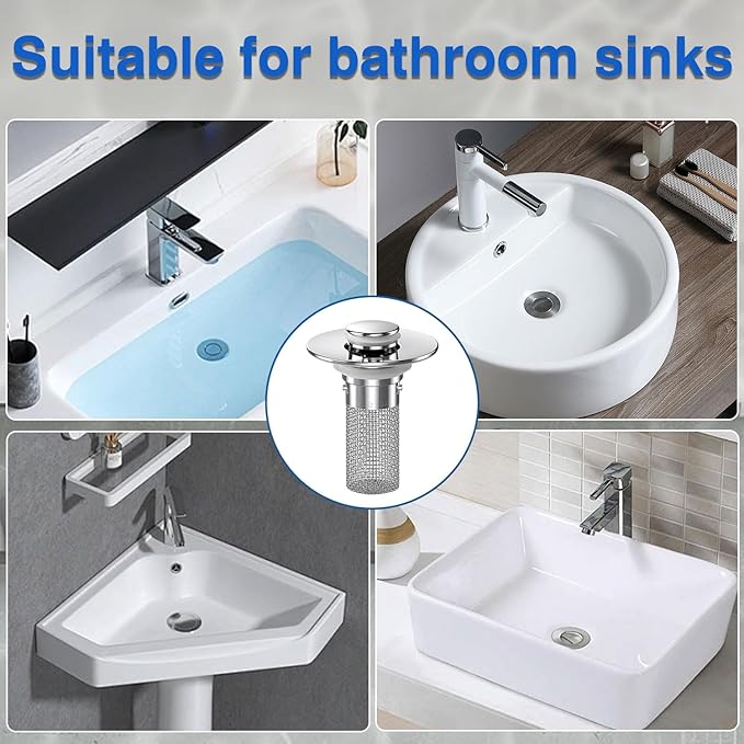 2 Pcs Bathroom Sink Stopper Hair Catcher, Universal Pop Up Sink Drain Filter with Stainless Steel Basket, Anti Clog Bathroom Essentials 2 Pcs Bathroom Sink Stopper Hair Catcher, Universal Pop Up Sink Drain Filter with Stainless Steel Basket, Anti Clog Bathroom Essentials
