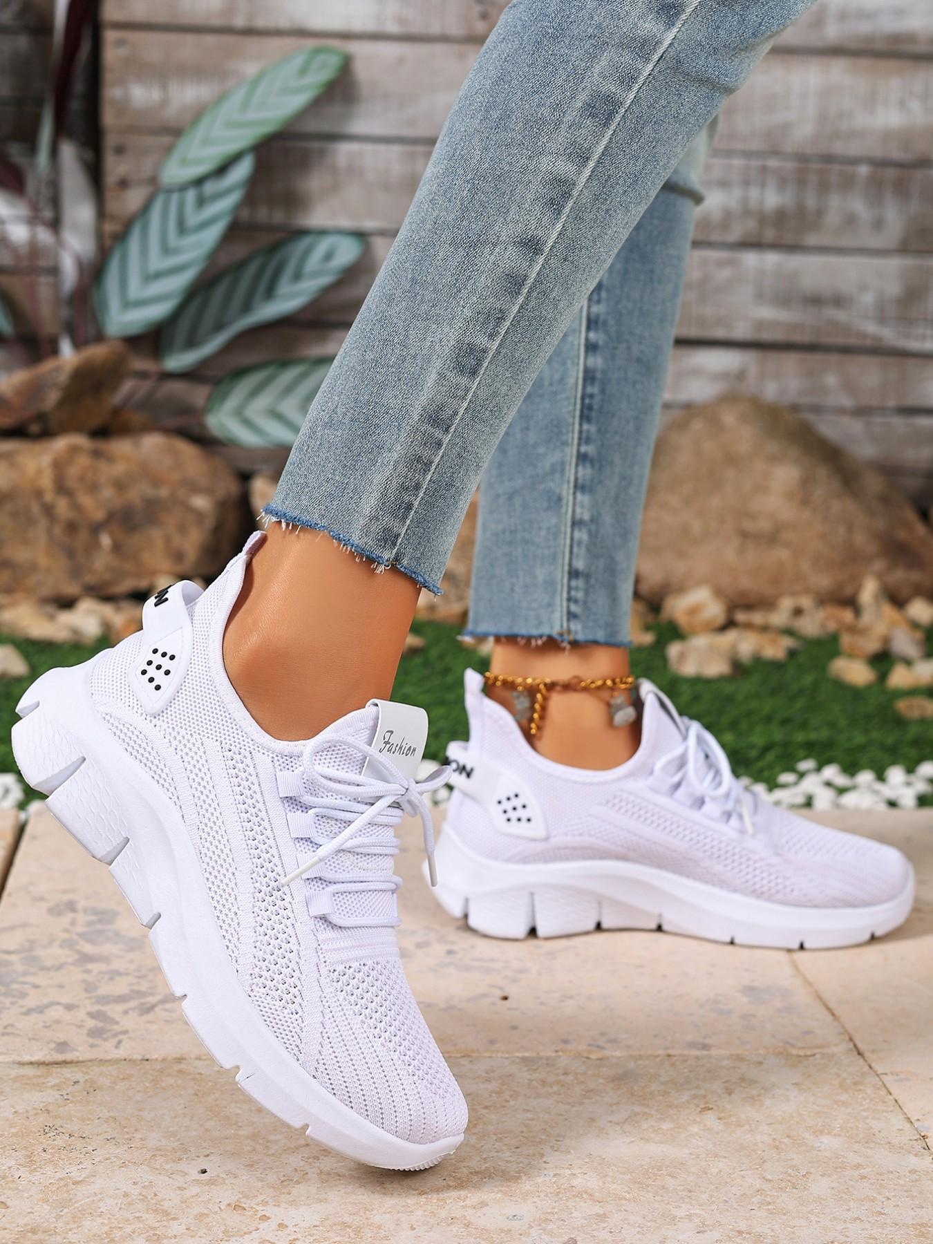 Women's White Knitted Running Sneakers - Spring/Summer New Arrival Breathable, Lightweight, Non-Slip Casual Shoes Athletic Running Shoes Suitable for Daily Outings, Fitness, and Travel