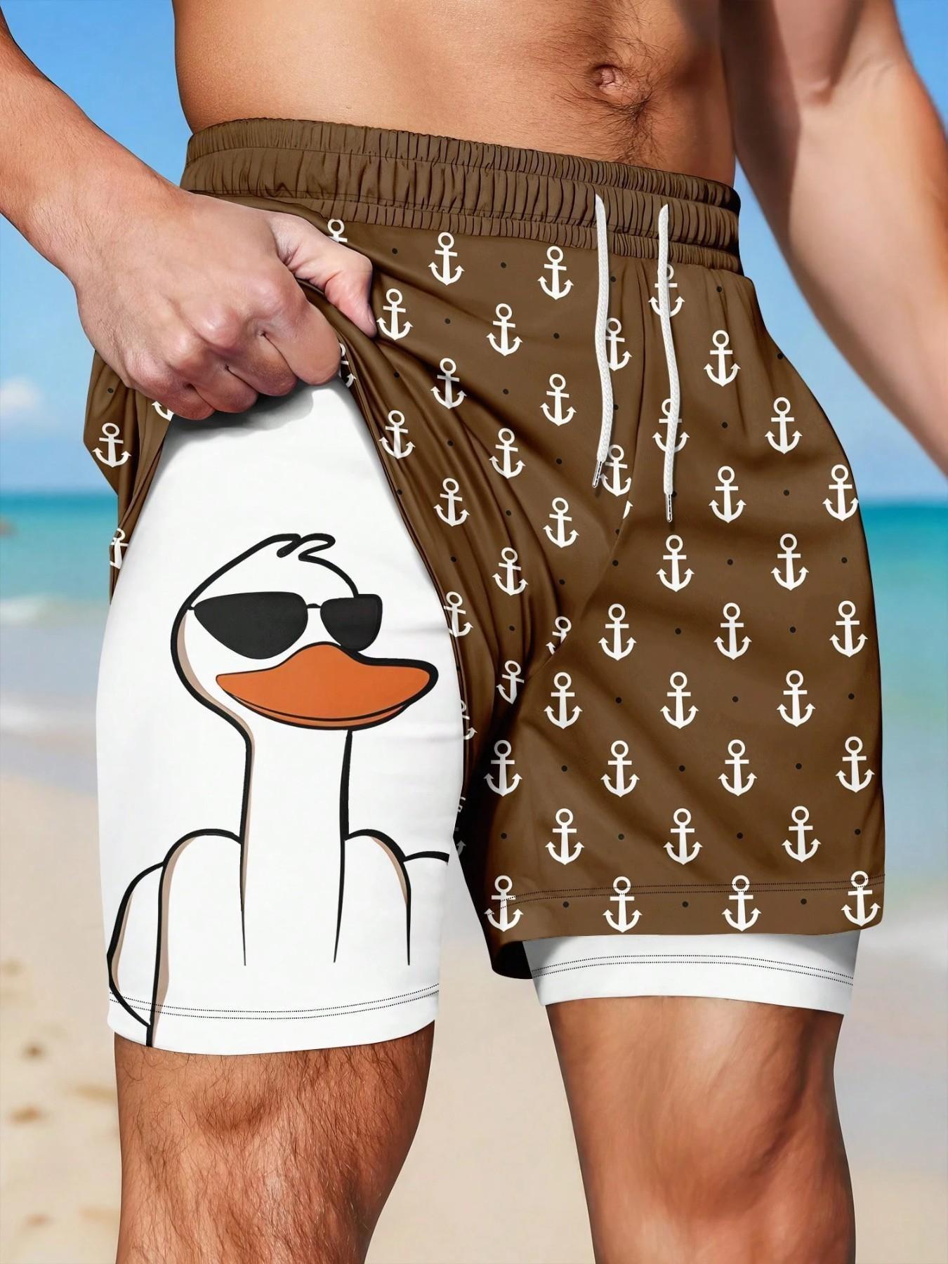Men's 2-in-1 Quick-Dry Beach Shorts, Swimwear Shorts, Printed Swim Trunks, Cool Cartoon Duck & Anchor Print Drawstring Casual Summer Swim Trunks, Swimsuit Shorts for Vacation #GLOBAL PICKS