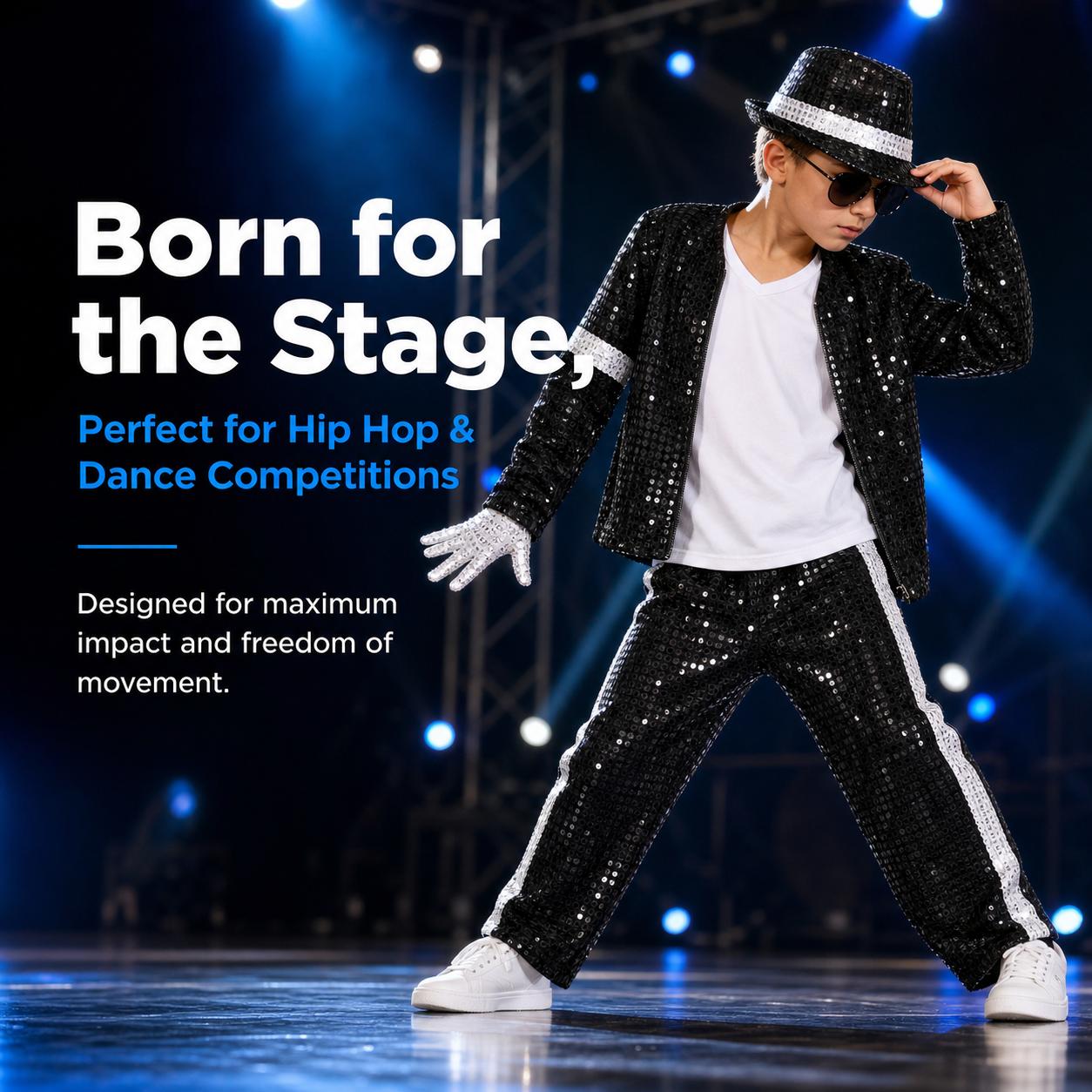 Boys' Hip Hop Dance Costume, 7-Piece Black & Silver Glitter Sequin Fabric Outfit, Stage Ready for Talent Shows, Loose Fit Pants, Matching Activewear Set, Sporty Sports Clothing Sets,back to school,back to school haul