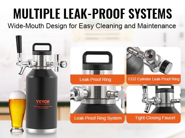 VEVOR Beer Growler Tap System, 64Oz 1.89L Mini Keg, 304 Stainless Steel Pressurized Beer Growler, Keg Growler with Pressure Display, CO2 Regulator Faucet, Leak-Proof Ring For Draft Homebrew Craft Beer