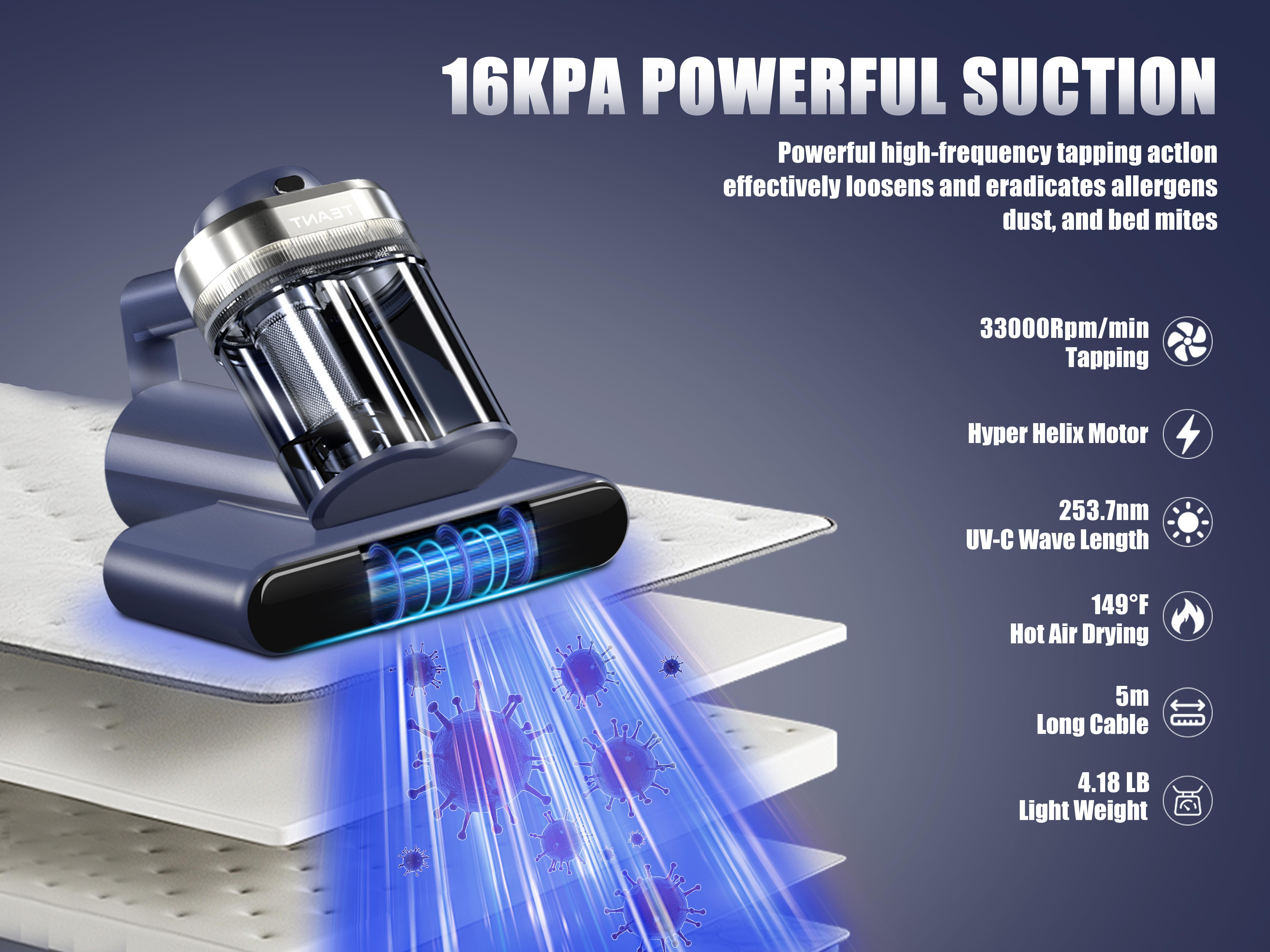 Teant Mattress Vacuum Cleaner for Dust Mites Removal, Bed Vacuum with UV-C Light & 149℉ Hot Air & Aroma Tablet & LED Display, Hyper Helix Motor&16Kpa Powerful Suction Double-Cup Handheld Vacuum Cleaner With HEPA Filter for Bed Couch Sofa Teant Mattress Vacuum Cleaner for Dust Mites Removal, Bed Vacuum with UV-C Light & 149℉ Hot Air & Aroma Tablet & LED Display, Hyper Helix Motor&16Kpa Powerful Suction Double-Cup Handheld Vacuum Cleaner With HEPA Filter for Bed Couch Sofa