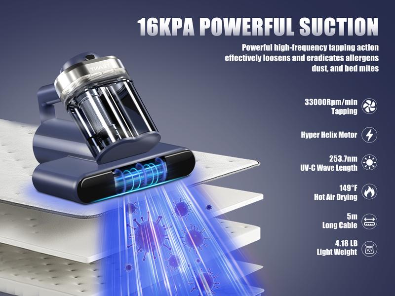 Teant madrassdammsugare för borttagning av dammkvalster, sängdammsugare med UV-C-ljus och 149℉ varmluft och aromtablett och LED-display, Hyper Helix-motor och 16 kPa kraftfull sugande handhållen dubbelkoppsdammsugare med HEPA-filter för säng, soffa och soffa Teant Mattress Vacuum Cleaner for Dust Mites Removal, Bed Vacuum with UV-C Light & 149℉ Hot Air & Aroma Tablet & LED Display, Hyper Helix Motor&16Kpa Powerful Suction Double-Cup Handheld Vacuum Cleaner With HEPA Filter for Bed Couch Sofa