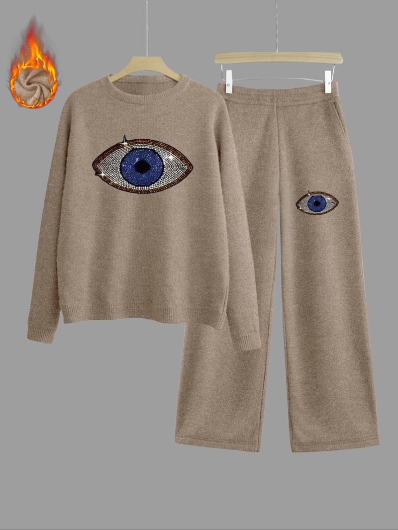 [Autumn/Winter] Eye Print Thickened Knit Sweatshirt Set for Women, Loose Fit, Slimming Round Neck Long Sleeve Top, High Waist Straight Leg Pants, Casual Sporty Two-Piece Set