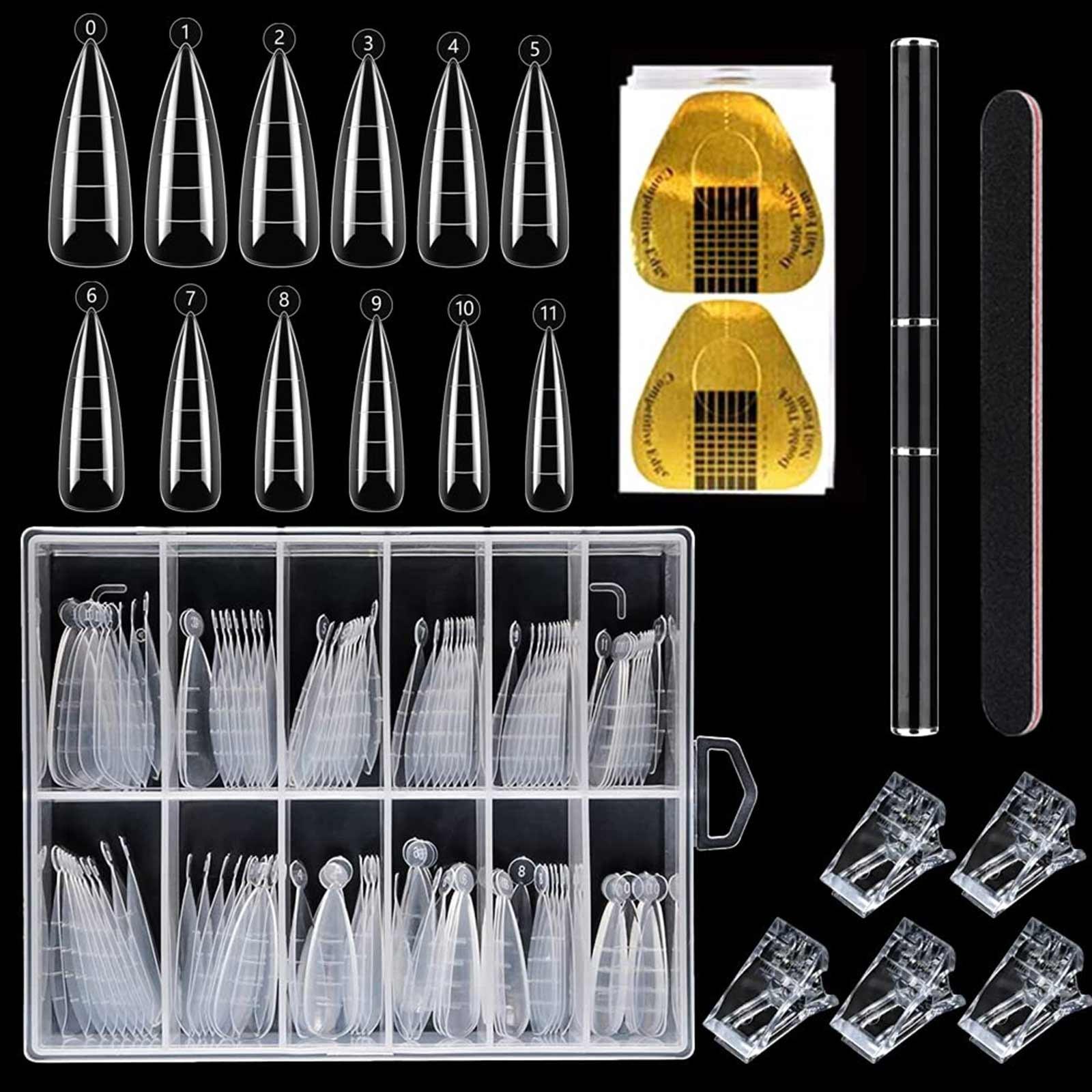 Nail Extension Mold Kit with Scale Nail Tips, Crystal Clips, Square Nail Forms, UV Gel Brush, Cuticle Pusher, Nail File, DIY & Salon Use