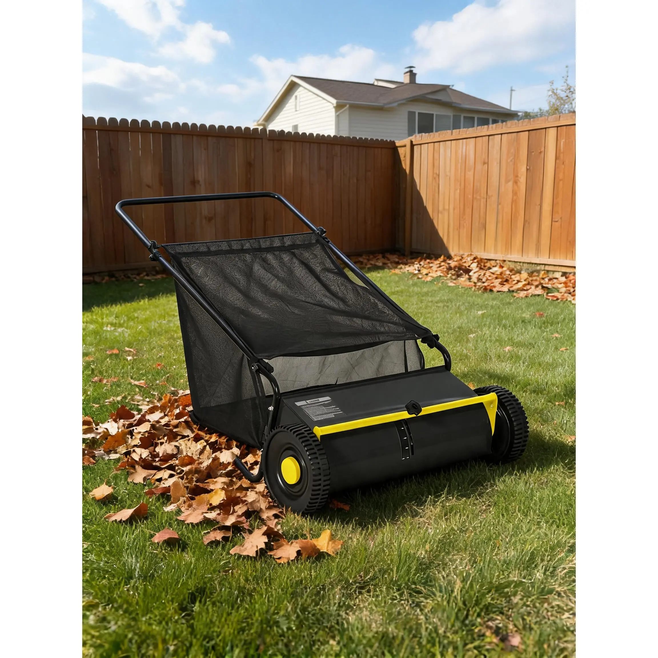 Manual Push Lawn Sweeper - 26 in Walk-Behind Yard Leaf & Grass Sweeper, Adjustable Height, Heavy-Duty Steel Frame, Rubber Wheels, 4 Spinning Brushes, 7 cu ft Collector