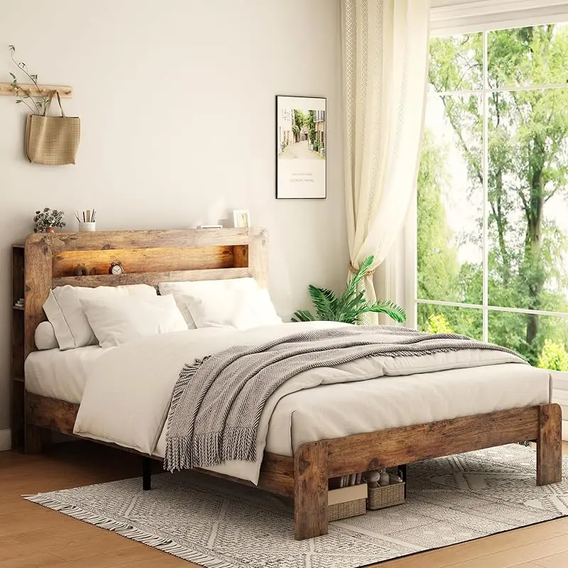 Rustic Farmhouse Platform Bed Frame with Storage Headboard, Bookcase Shelf, LED Lights and USB Port, Engineered Wood Bed Frame with Wood Slats, Full Queen or King Size