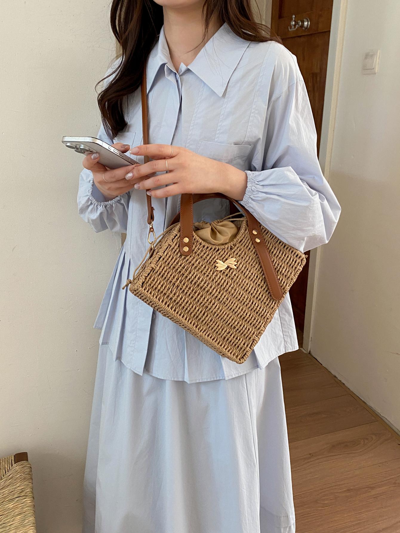 Woven Drawstring Bucket Bag, Vintage Style Handbag, Crossbody Shoulder Bag, Spring Summer Commute Vacation Essential, Women's Fashion Accessory