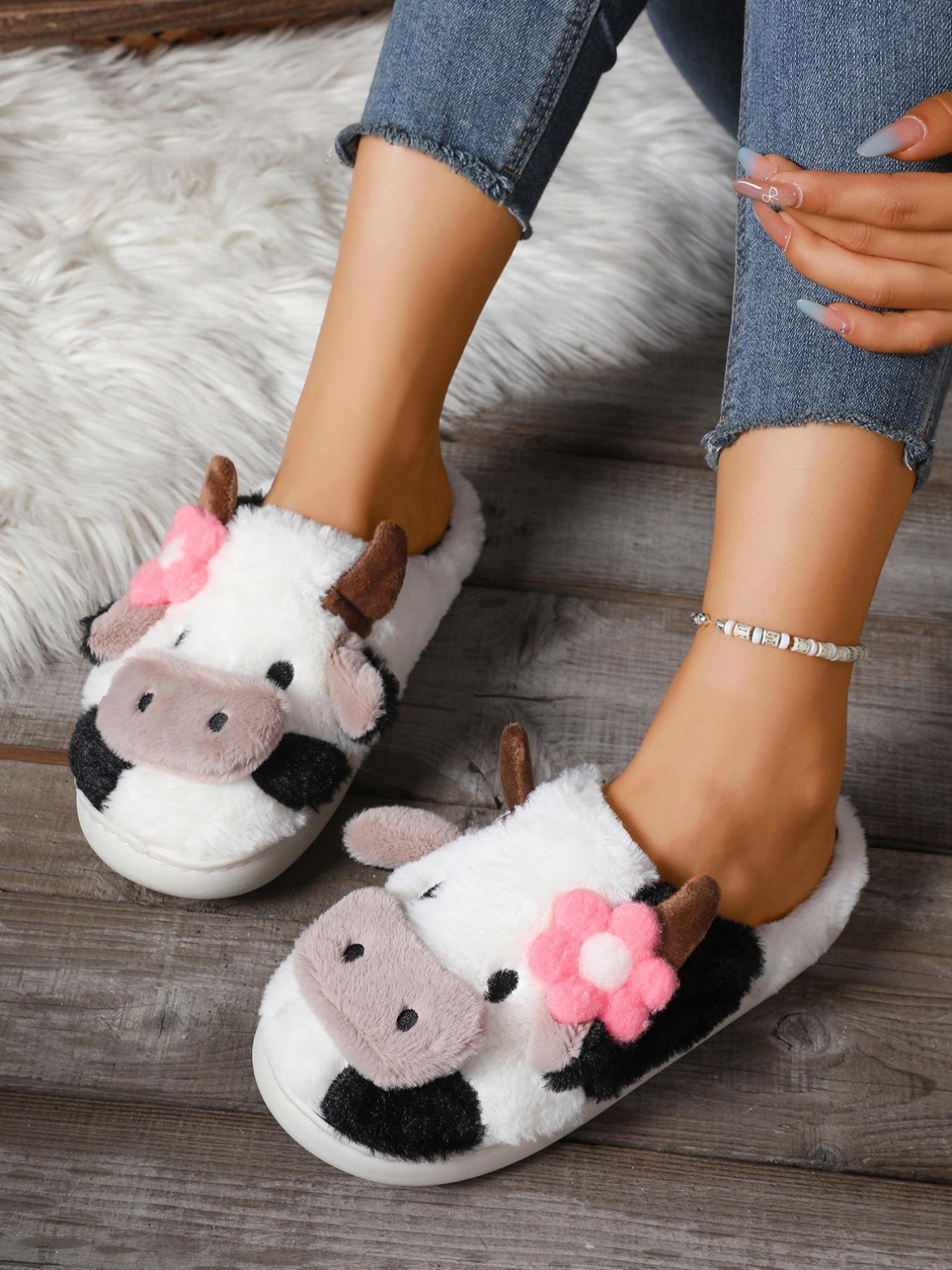 Women's Cute Cow Design Plush Slippers, Warm Bedroom Soft Slippers, Indoor Outdoor Silent Non-Slip Slippers, Casual Animal Pattern,Christmas Gifts For GF
