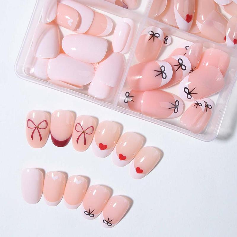 96pcs Short Oval Heart Bow False Nails Set, Removable Press-On Acrylic Nails, Y2K Style, Perfect for Women, Valentine's Day, Fall Winter 96pcs Short Oval Heart Bow False Nails Set, Removable Press-On Acrylic Nails, Y2K Style, Perfect for Women, Valentine's Day, Fall Winter