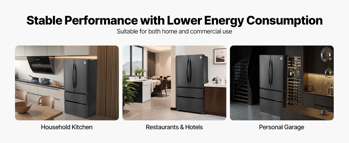 VEVOR French Door Refrigerator, 18.9 Cu. Ft. Kitchen Fridge, Counter Depth French Refrigerator with LED Display and 4 Casters, Frost-Free Bottom Freezer Refrigerators for Home Commercial Use, Black