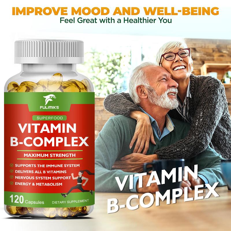 Vitamin B Complex for Men & Women - Riboflavin B2, B12, B1, B3, B5, B6, B7, B8, B9 | Vitamin C, Choline, Inositol - B-Complex Supplement - Energy, Brain & Heart Support - 120 Vegan Capsules