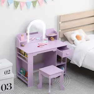 Garvee vanity table for children with stool and LED mirror, small vanity table with drawer and 1 open compartment, for girls aged 3-6 years, purple, including accessories