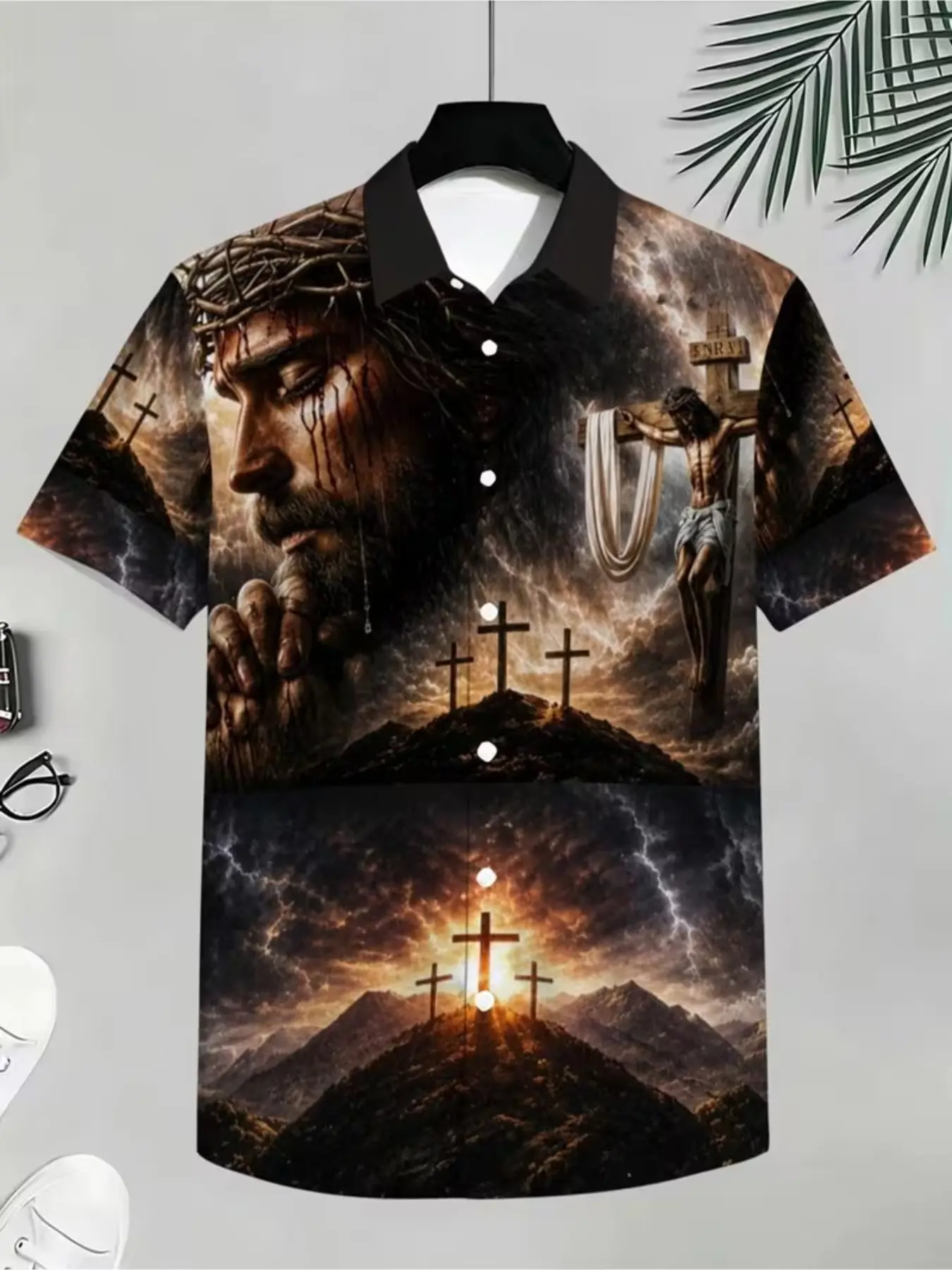 Men's Casual Shirt, Polyester Fabric, Mixed Color, Multiple Sizes, Casual Graphic Shirt, Thorns Crown and Cross Pattern, Fashionable and Comfortable, All Seasons
