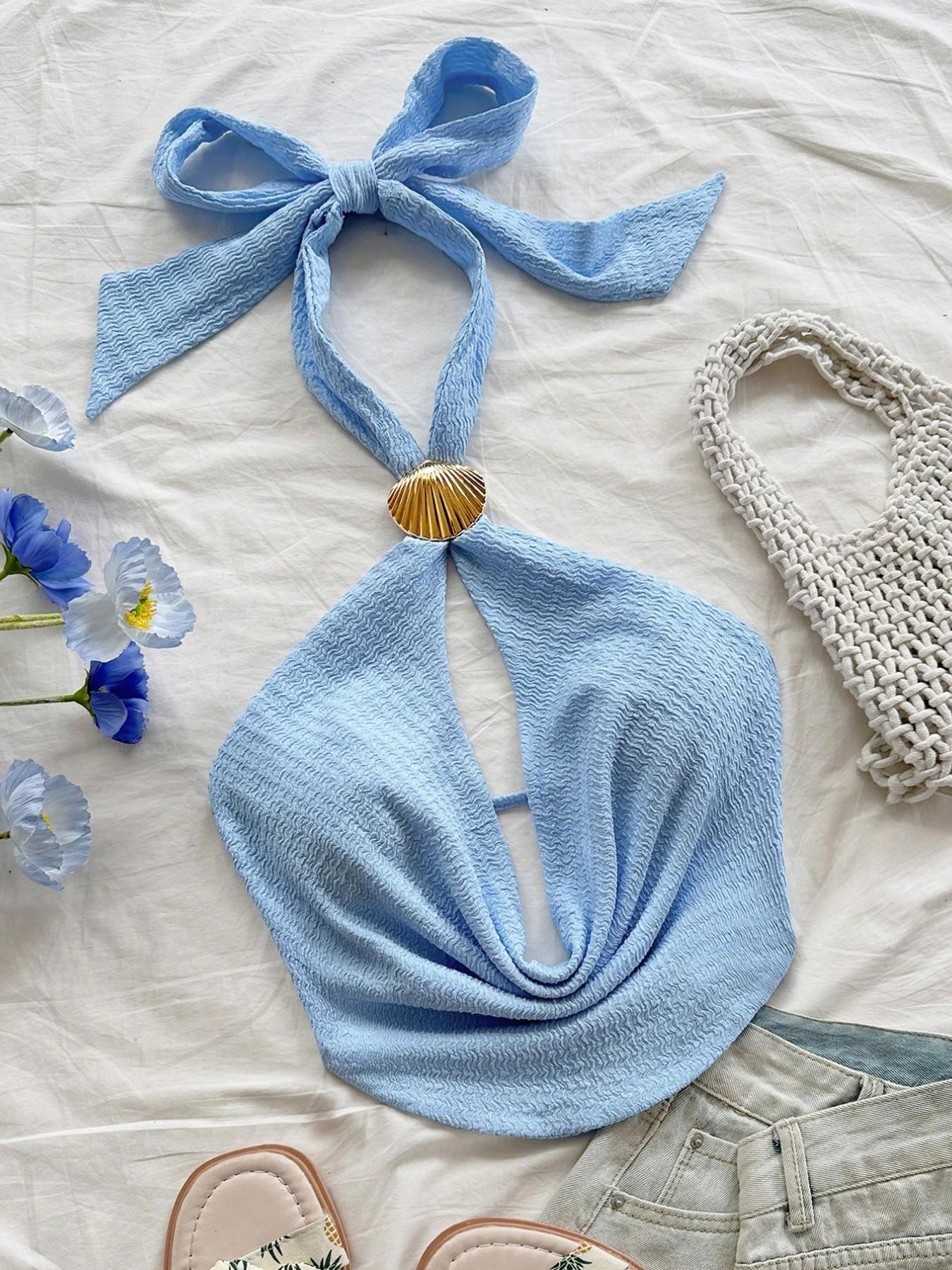 Women's Fresh Style Ruffled Halter Top, Shell Metal Buckle Accent Tie Design, Soft Breathable Fabric, Casual Fashion