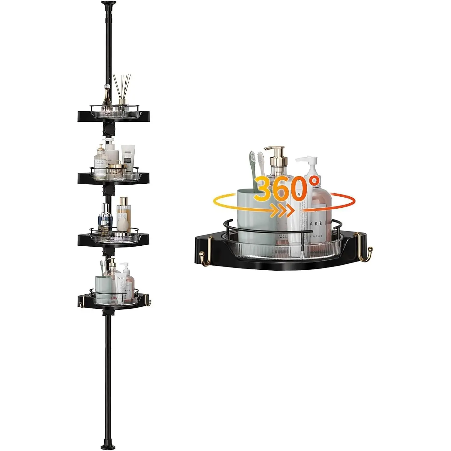 360° Rotating Shower Caddy Tension Pole with 4-Tier Rustproof Lazy Susan 35-128 Inch No Drilling Coner Shelves Adjustable Shower Rack for Bathroom Bathtub Washbasin Plant Storage (Black)