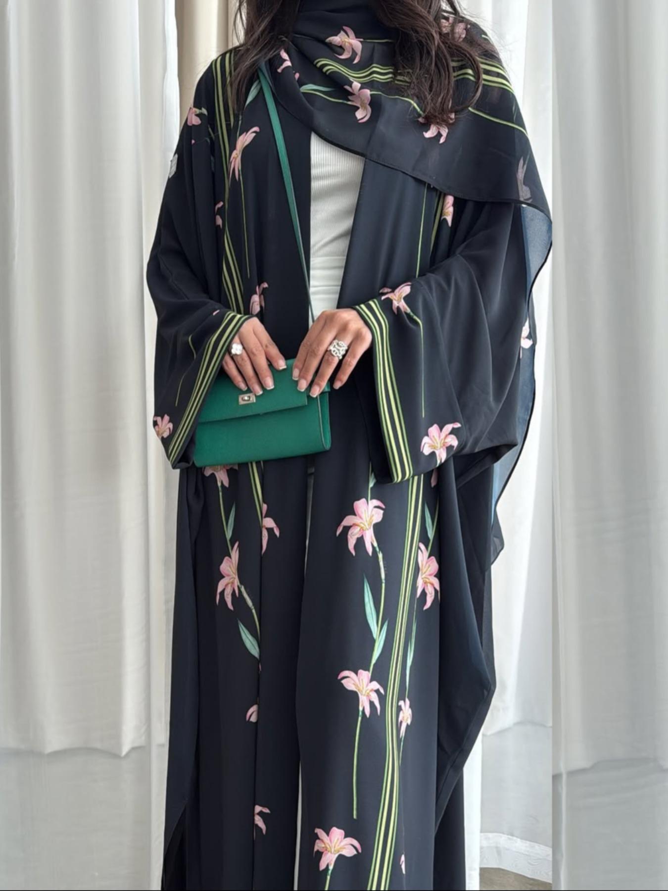 Women's Floral Print Long Sleeve Abaya Set with Hijab, Elegant Casual Islamic Clothing for Daily Wear, Suitable for All Seasons