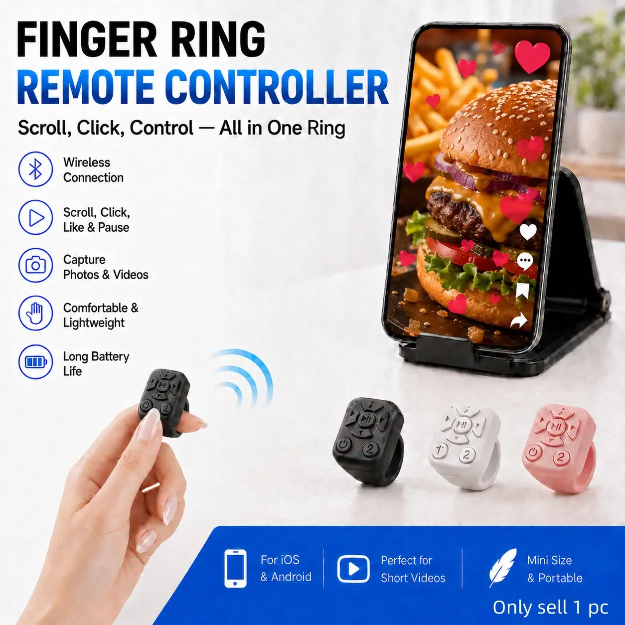 Wireless TikTok Scrolling Ring Remote, Phone Video Scroller & Page Turner for iPhone Android, Camera Shutter Remote for Selfies, E-Books, Short Videos and Music Playback, Cellphone Selfie Accessory, Hands Free Vlogging