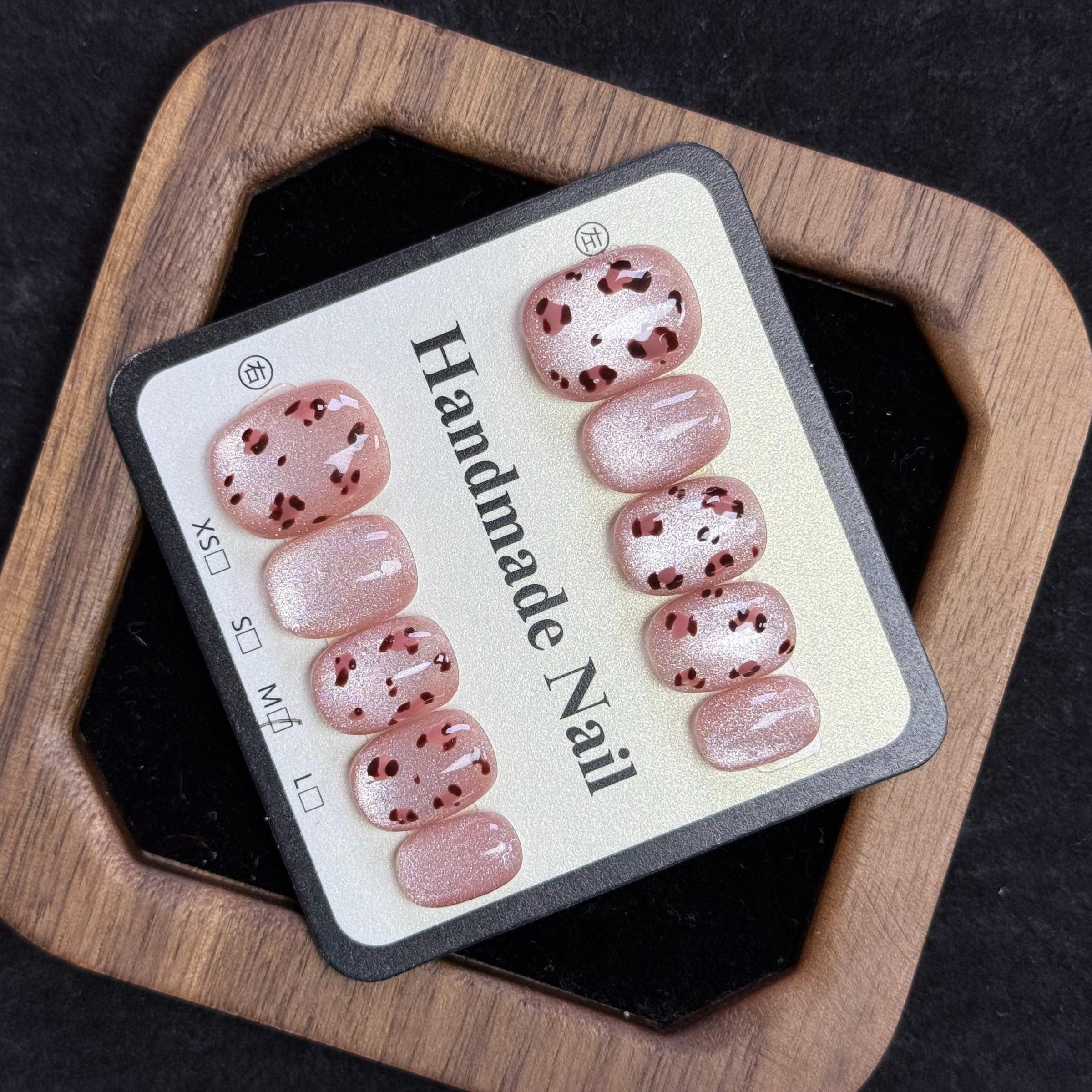 Luxury Nail Freedom! Nude Pink Cat Eye Exquisite Hand-Painted Leopard Print Press On Fake Nails, Reusable, Get Baddie Nails In 5 Mins, No Salon Needed
