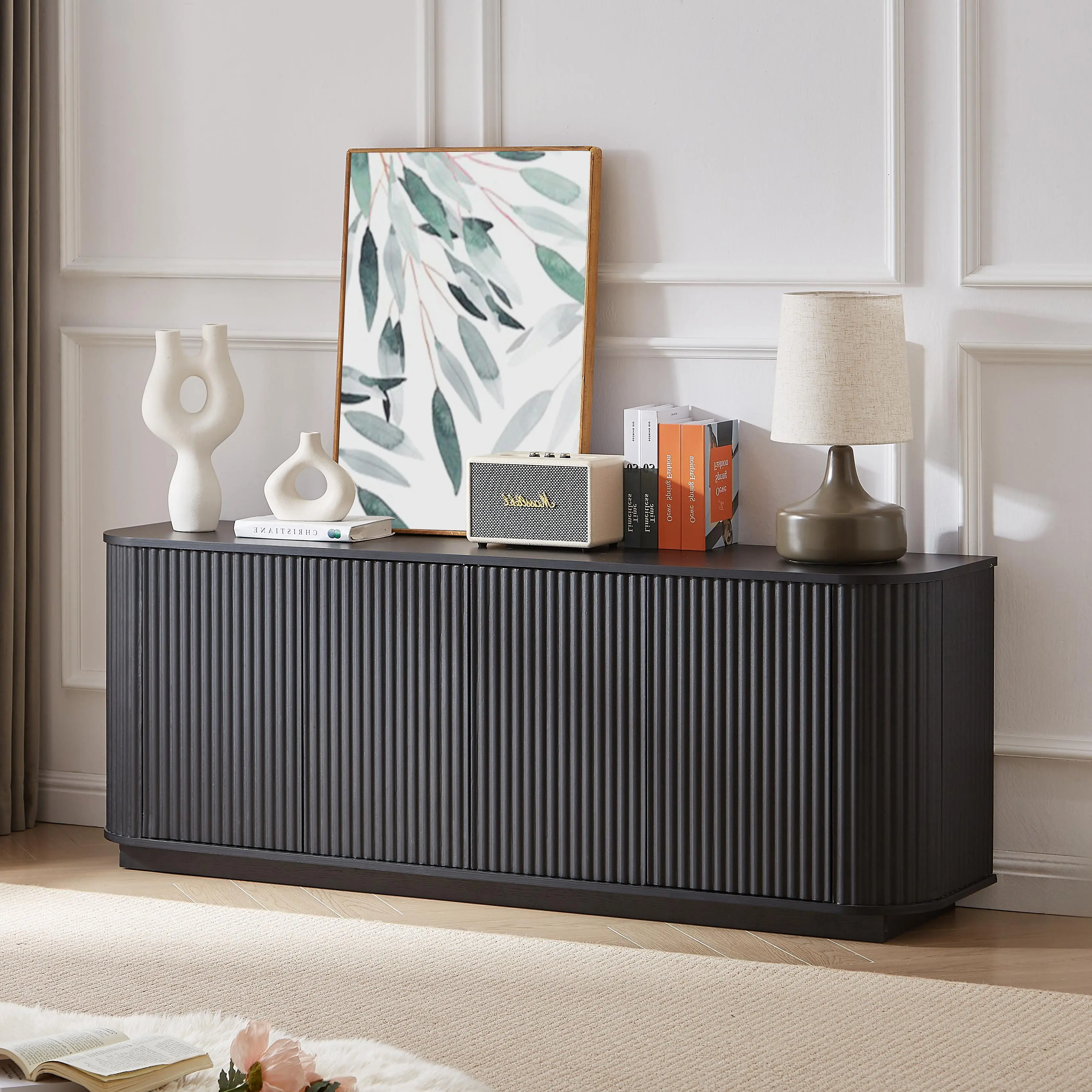 Black Sideboard Storage Cabinet with Wave Pattern, 64 Inch Wide Buffet and TV Stand, MDF Wood Cabinet for Dining Room, Living Room, Kitchen, or Entryway