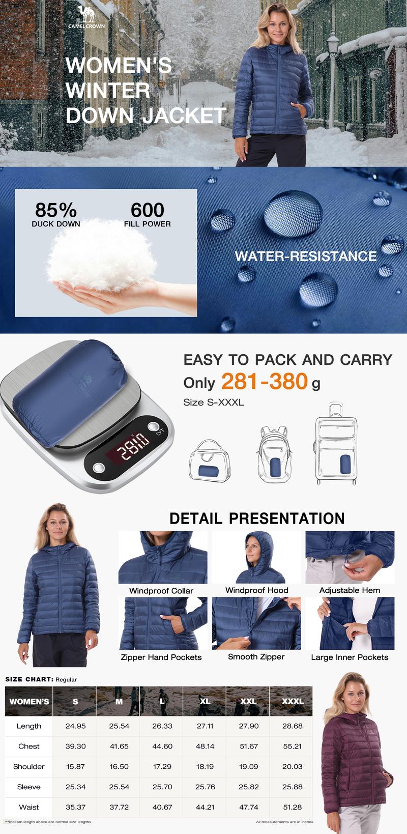 CAMEL Women's Ultra-Light Portable Down Jacket | 85% Duck Down Filling | Waterproof and Windproof | Foldable for Storage | Versatile for Various Occasions