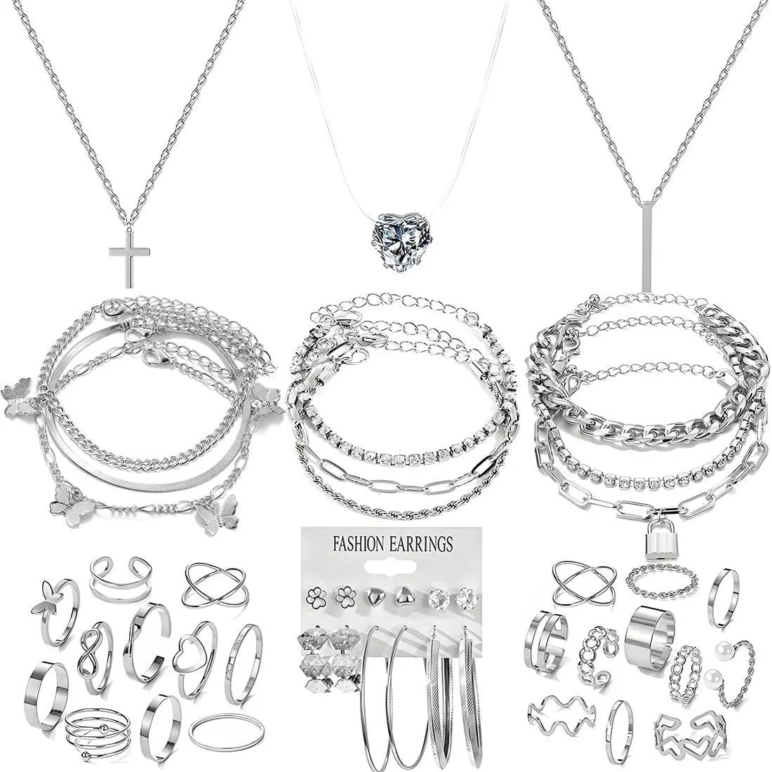 Silvey Costume  Sets for Women Necklace Bracelet Ring | Necklace Bracelet Rings Earrings Set for Women Valentine's Day, Christmas, anniversaries, birthday parties