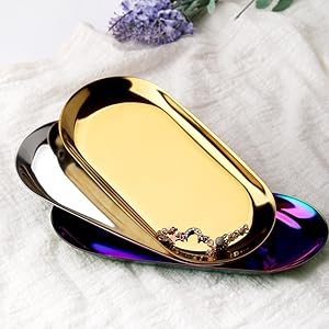 2 Pack 7 Inch Gold Oval Stainless Steel Decorative Tray Jewelry Dish Cosmetics Organizer Small Serving Platter for Bathroom Vanity Storage Durable Mirror Polishing Process