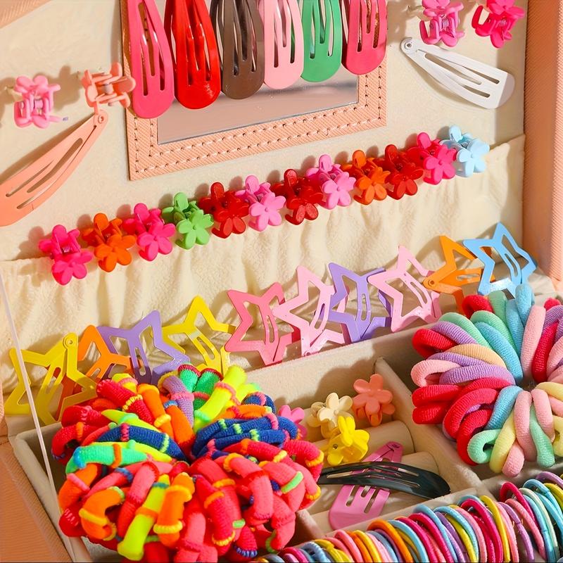1340pcs（NO BOX） Dopamine Minimalist & Stylish Elastic Colored Hair Band & Clip Set for Girls Includes Water Drop Star Flower Clips And Hair Bands Integrated with Rubber Bands Suitable for All Four Seasons Random Colors Excellent Gift Choice