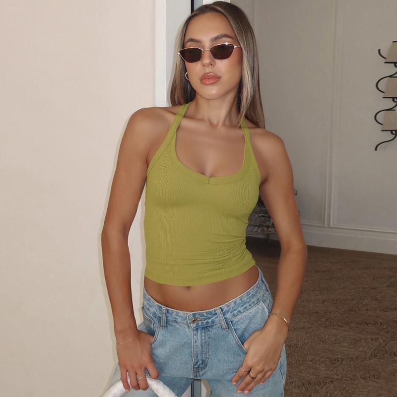 Women's Solid Ribbed Halter Neck Tank Top, Active Top, Casual Sleeveless Top for Daily Wear, Ladies Clothes for All Seasons