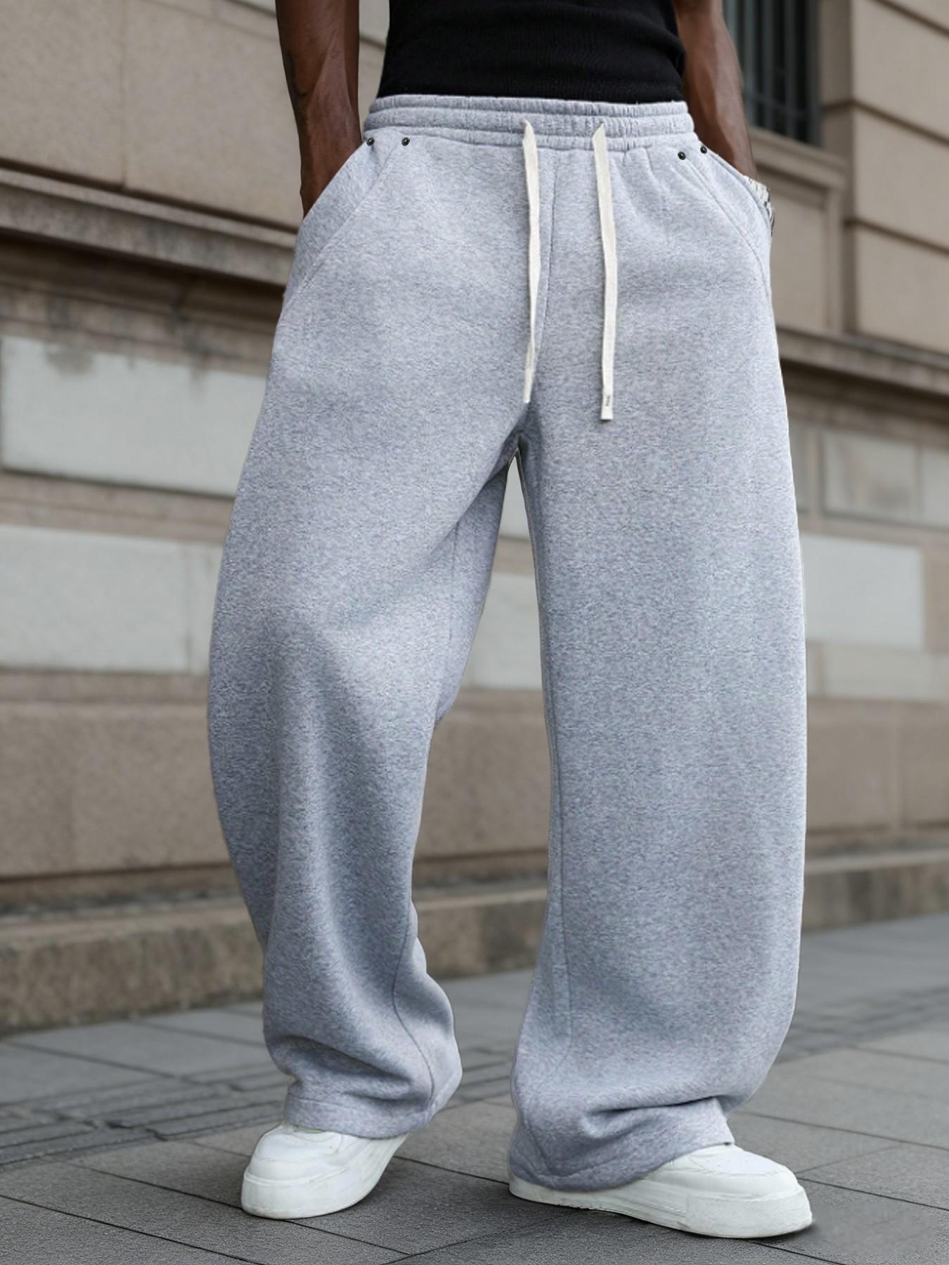 Men's Fleece Lined Casual Straight Leg Pants, Plain Basic Fashion High Street Jogger Pants, Rivet Decoration, Cold Weather Daily Wear, Streetwear, Casual Sports Trousers