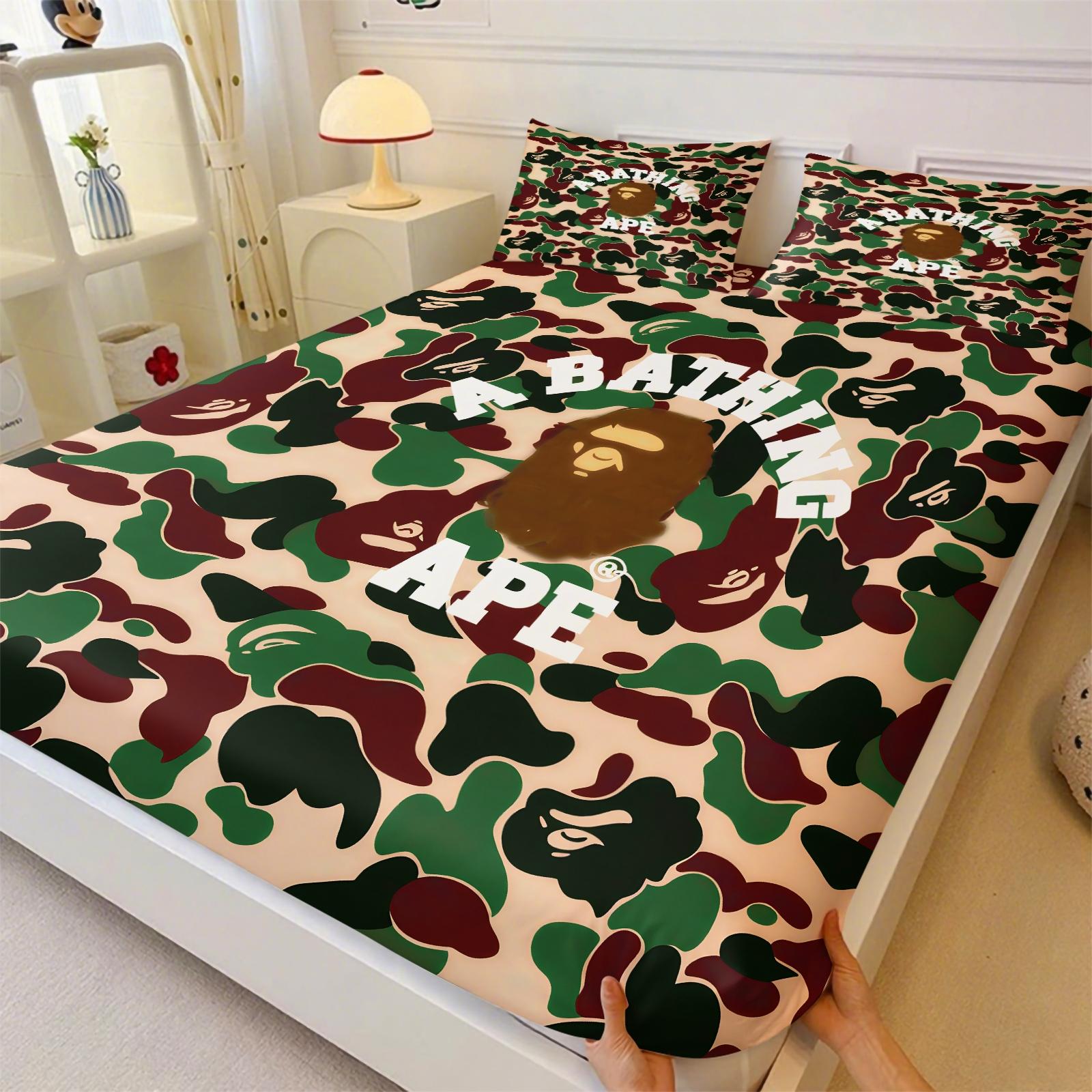 Black-White Camouflage Fitted Sheet Set & 2 Pillowcases No Core, Low-Saturation Camo & Iconic Ape Head Logo, Soft Anti-Slip Wrinkle Resistant, Industrial Hip Hop Style Bedroom Decor, Gift for Fans