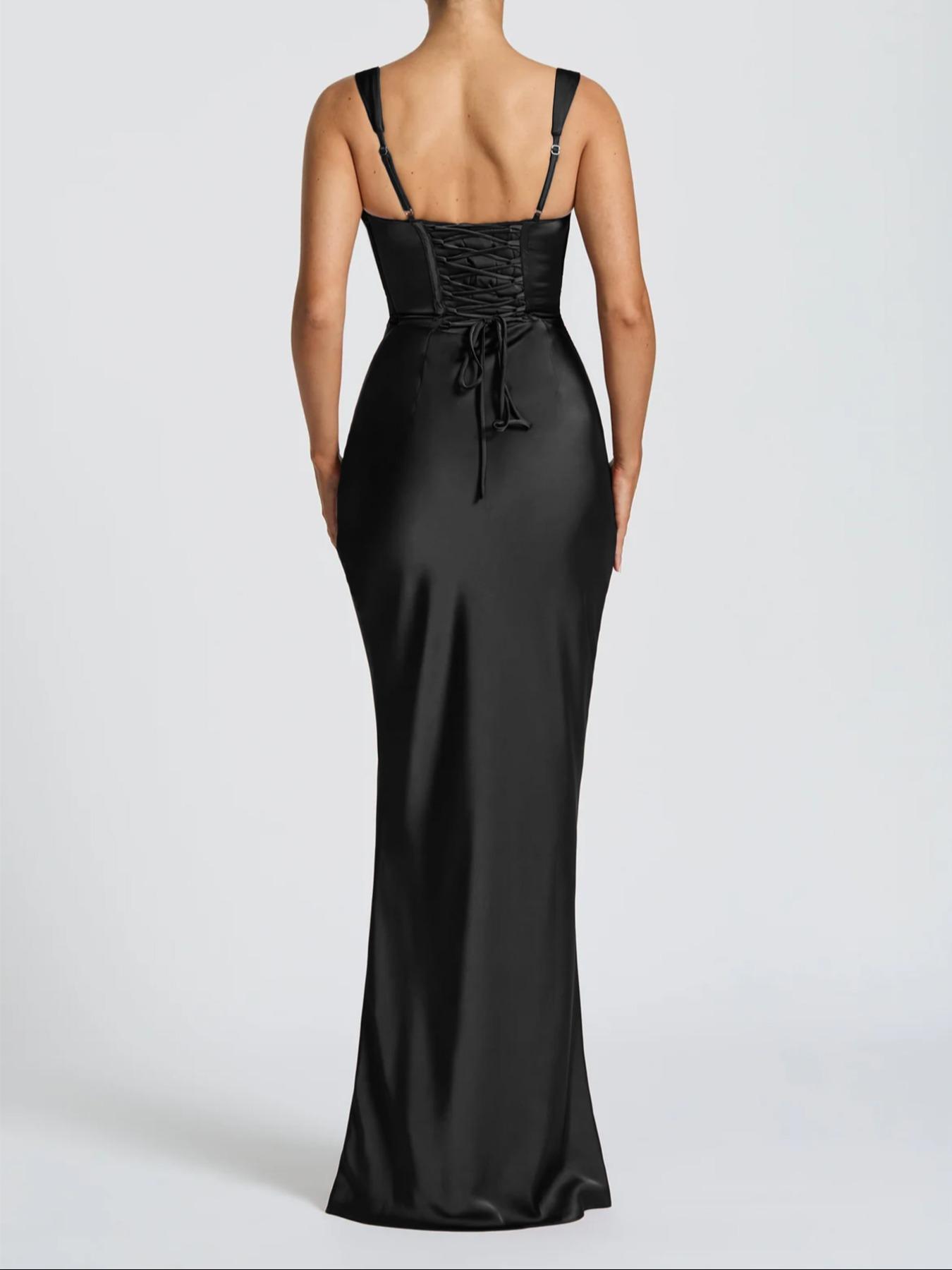 Pure Color Satin Adjustable Square Neck Sleeveless Dress, Elegant Evening Gown with Waist Cinching and Back Tie, Slim-Fitting Long Dress