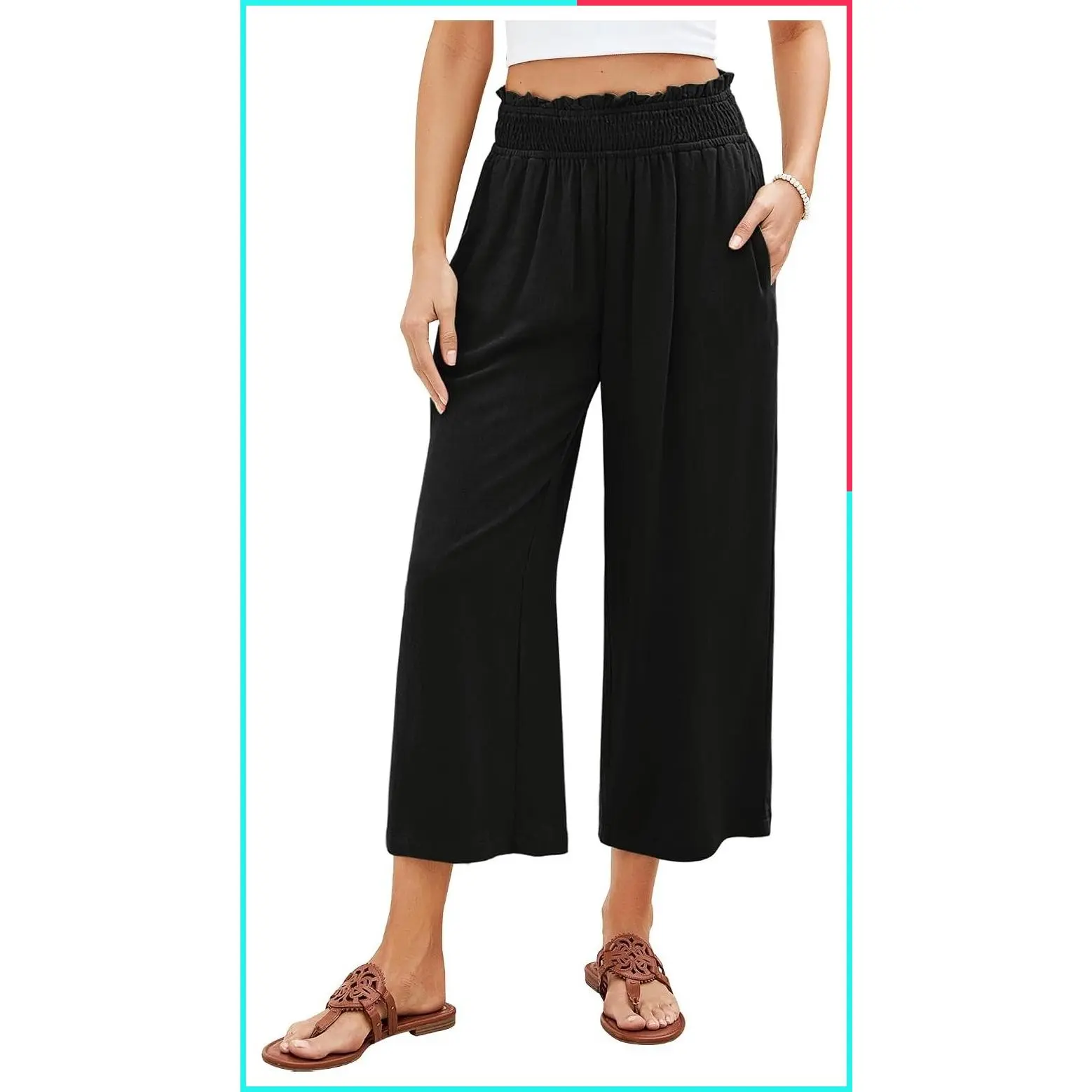 Women's High Waisted Wide Leg Linen Palazzo Capri Pants with Elastic Smock Waist Pull-On Loose Flowy Trousers