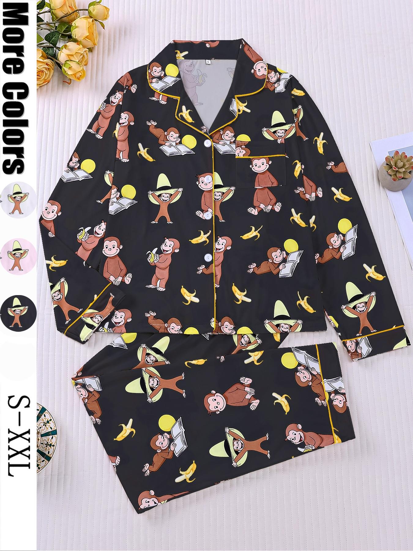 Women's Monkey Banana Print Pajama Set Pjs, Comfortable Long Sleeve Button Shirt & Elastic Pants, Casual Home Wear Loungewear for All Seasons
